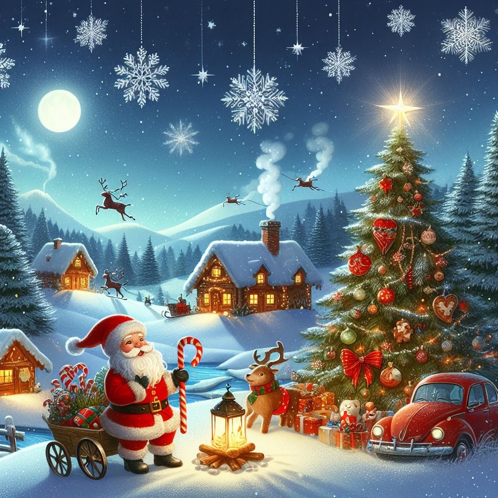 Um cartão de Natal com Papai Noel e uma árvore