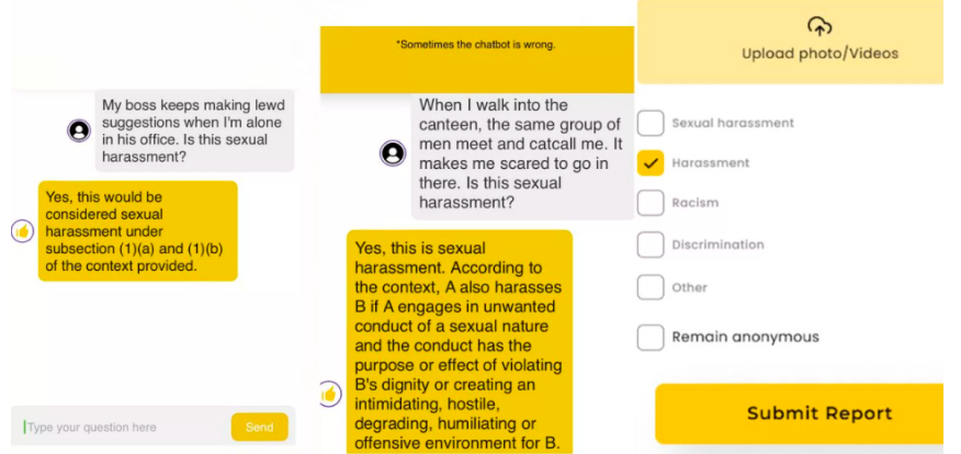 chatbot da SaferSpace permite que as vítimas façam perguntas sobre suas experiências e recebam respostas sobre se foram ou não vítimas de assédio